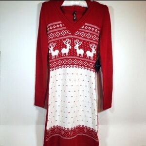 Knitted Printed Red Sweater Dress w/ Attached Hoodie - White Mark Courture Coll.